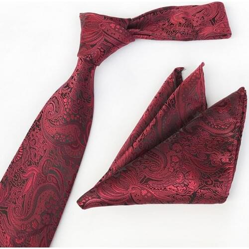 Wholesale 8cm Men Formal Necktie Set Red Paisley Woven Ties with Pocket Square