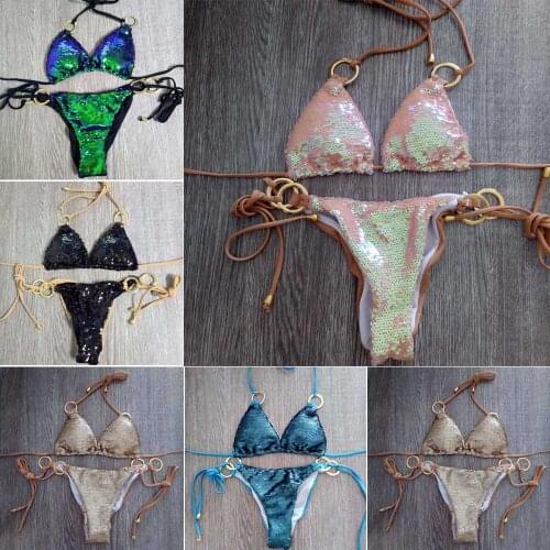 New Sexy Women Sequin Bikini Swimwear Triangle Bandage Sling Halter Bathing Suit Set With chest pad Beach Bikini Swimsuit S/M/L