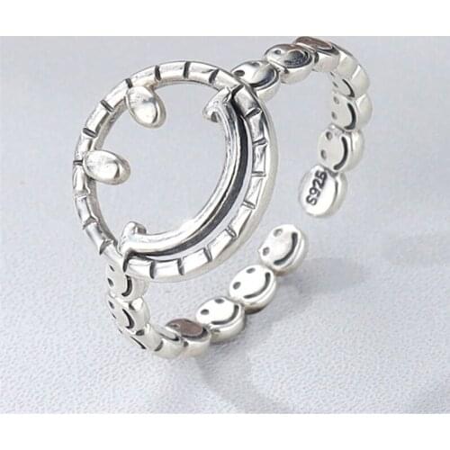 New Hit 2021 925 Sterling Silver Cute Funny Punk Rock Girl Women Ring Vintage Style Pave Smilely Face Happy Adjustable Rings