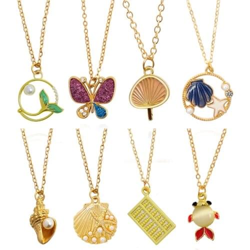 New Trendy Alloy Cute Conch Shell Star Butterfly Abacus Goldfish Fish Pendant Necklaces Zircon Pearl for Women Collar Jewelry