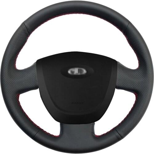 Hand-stitched Black Genuine Leather Car Steering Wheel Cover for Lada Granta 2011 2012 2013 2014 2015 2016 2017 2018
