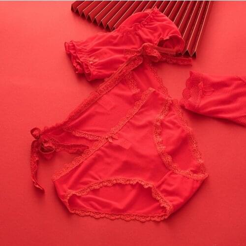 Sexy Ruffle Chinese Red Panties Women Cotton Solid Lace Bow Knickers Fashion Lady Briefs Underwear Female Cartoon Cute Lingerie