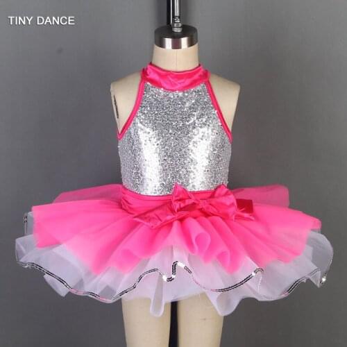 Silver and Hot Pink Ballet Dance Tutu Girls Stage Wear Performance Costumes Sequin Dress Drop Shipping 19821