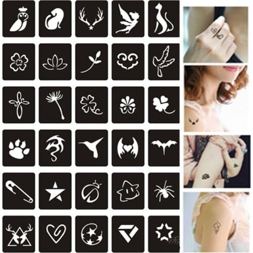 35pcs/set Glitter Tattoo Stencil Templates Cat Lotus Small Airbrush Henna Tattoo Stencils for Painting Pochoirs Pour Peinture