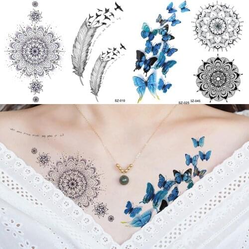 Waterproof Fashion Temporary Tattoo Women Chest Arm Art Feather Fake Tatoos Blue Butterfly Girls Makeup Tatoos Black Henna Flora