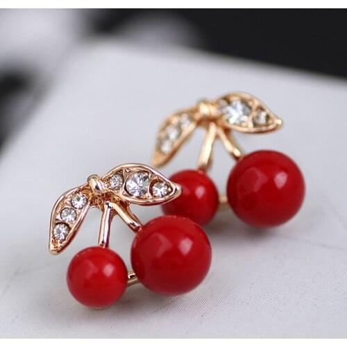 Women Cute Red Cherry Earrings Crystal Stud Earrings d88