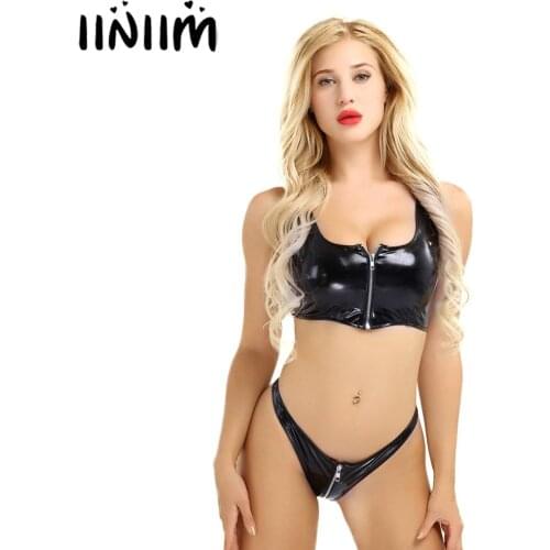 Womens Wetlook Latex Patent Leather Zipper Bikini Lingerie Clubwear Exotic Set Porno Crop Top with Mini Briefs Underwear Panties