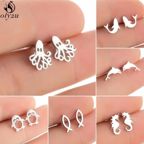Punk Octopus Earrings Women Multiple Stainless Steel Animal Dolphin Whale Hippocampus Penguin Stud Earring Jewlery Pendientes