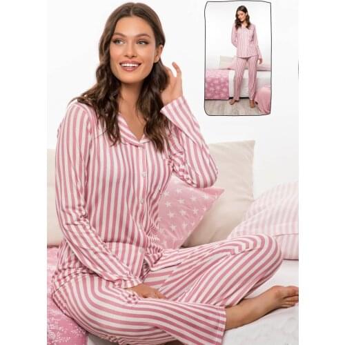 Womens Pink Striped Button, Cotton Pajamas set