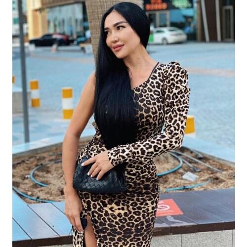 Womens Summer Sexy One Shoulder Leopard Print Long Sleeves Club Party High Split Midi Dress