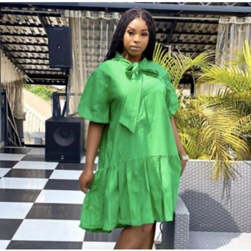 Women Summer Loose Dress Short Sleeve Bow Collar Patchwork Pleated Solid Casual Knee-Length Dresses 2021 Fashion Female Robes