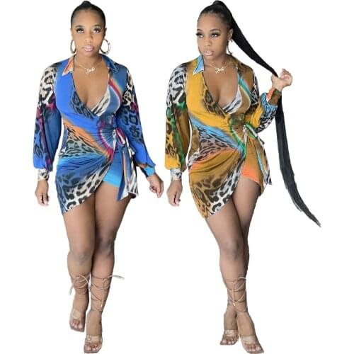 Leopard Print Skinny Dress Women Deep V Neck Sexy Long Sleeves Dresses Female Bow Tie Summer 2021 Short Dress Overalls