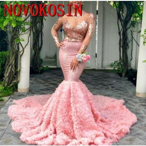 2019 Pink Long Sleeves Flower Train Formal Dress Mermaid Pageant Wear Graduation Evening Party Gown Custom Made Plus Size