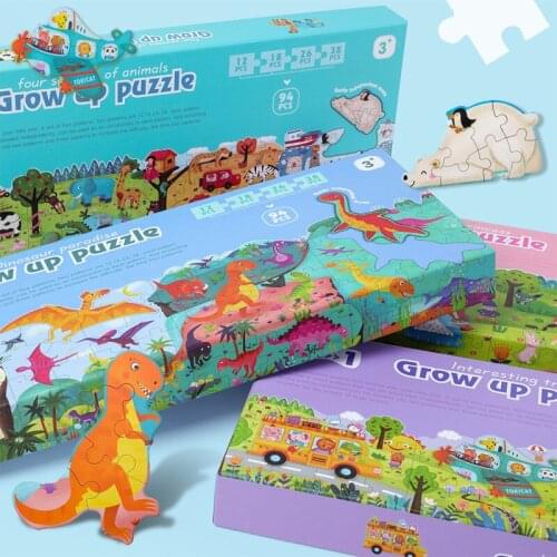 94 pcs 4-in-1 Separable Kids Wooden Grow Up Puzzle Cartoon Animal Jigsaw Educational Learning Toys for Children