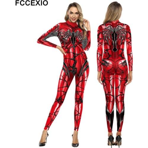 FCCEXIO The Hallowmas Party Series Cosplay Dead Spider Print Jumpsuit Plus Size Long Sleeve Sexy Women Skinny Elastic Bodysuits