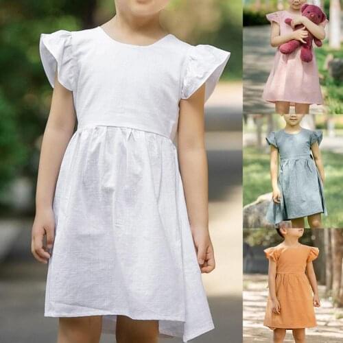 Summer Bow Solid Color Baby Girls Dress Round Neck Small Flying Sleeves Princess Dresses for Girl Casual Summer Clothing for Kid