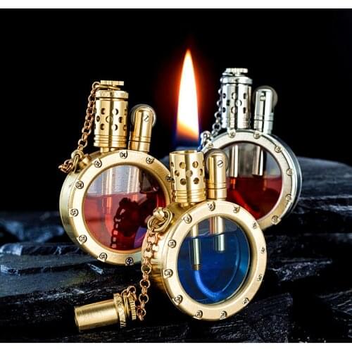 Handmade Copper Gasoline Lighter Quartz Visible Transparent Oil Tank Flint Lighter Trench Kerosene Lighter Collection Gift