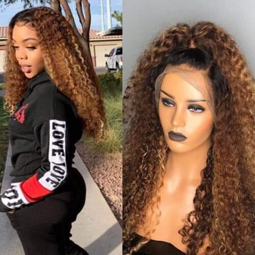 Honey Blonde Highlight Tight Curly Human Hair Lace Front Wigs Preplucked Lace Frontal Wigs Remy Human Hair Wigs For Black Women