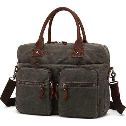 Top-Handle Bags Men Briefcase Bag Vintage Canvas Leather Shoulder Messenger Bags Large Office Work Computer Laptop 14" Satchel