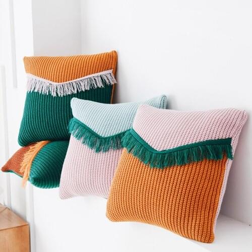 Home Decoration Cushion Cover 45x45cm Tassles Knit Boho Style Patched Color Soft Pillow Cover for Living Room Bedroom