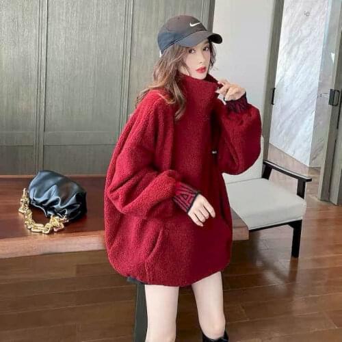 2021 New Lamb Wool Pullover Women Fall Winter Korean Version Loose Thick High Neck Jacket Oversized Sweatshirt Goth Clothes