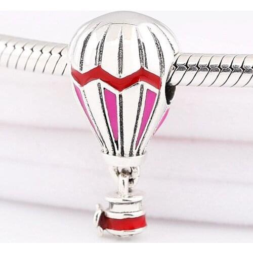 Original Pink And Red Enamel Air Balloon With Hearts Pendant Beads Fit 925 Sterling Silver Charm Bracelet Diy Jewelry