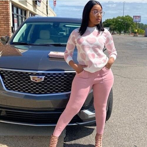 Autumn Winter Two Piece Women Cute Sweet Suits Long Sleeve Heart Shirt Top & Pocket Pants Set Outfits for Women