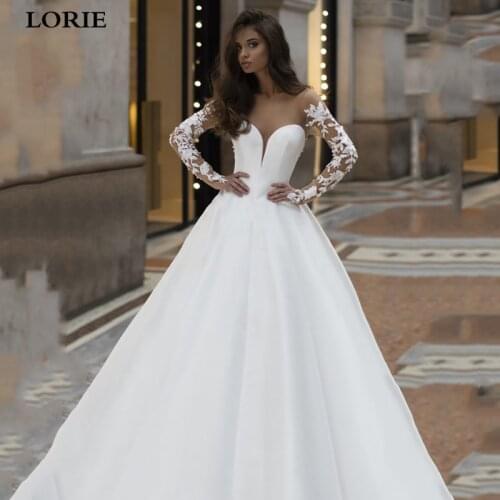 LORIE Satin Wedding Dresses Long Sleeve Boho Lace Bride Dresses Nude Mesh Princess Train Wedding Gown Vestido de novia