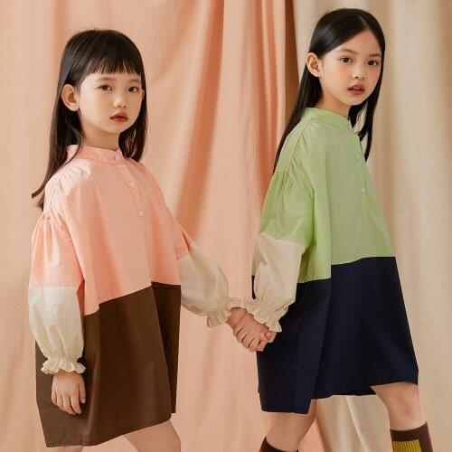 2-9 Y Baby Girls Dresses 2021 Spring Autumn New Kids Girls Korean Color Matching Dress Baby Long Sleeve Shirt Dress Kids Clothes