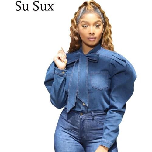 Casual Blouse Shirt African Clothes Bow Collar Lanter Sleeve Blue Denim Blouse Top African Dresses For Women Vestidos Autumn