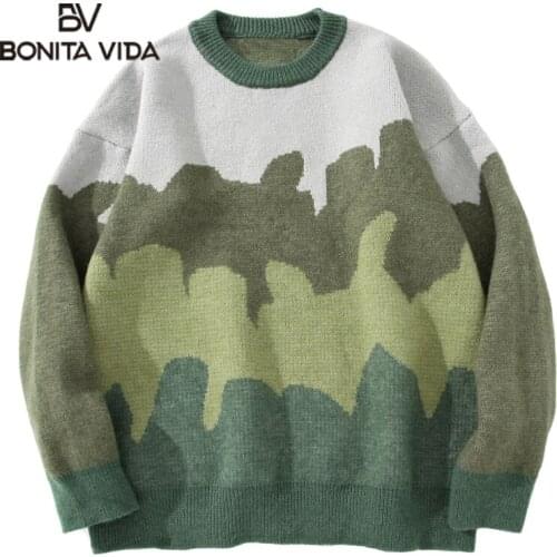 Bonita Vida Harujuku Sweater Pullovers Men Gradient Striped Jacquard Knitted Sweater Hip Hop Retro Camouflage Print Streetwear
