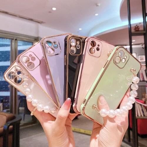 Luxury Shockproof Plated TPU Soft Rubber Pearl Chain Phone Case Cover Skin For iPhone 7 8 Plus 11 12 Pro Max X XR XS Max