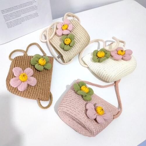 Flowers Stars Lovely Mini Coin Purse Bag Childrens Crafts Gift Straw Bag Bucket Woven Bag Baby Girls Small Crossbody Bag