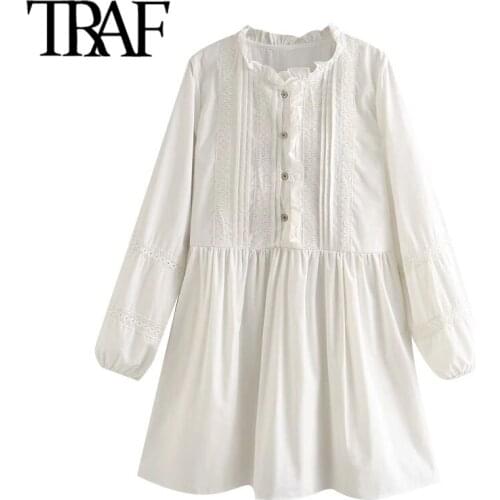 TRAF Women Sweet Fashion With Lace Trim Pleated Mini Dress Vintage Ruffled Collar Long Sleeve Female Dresses Vestidos