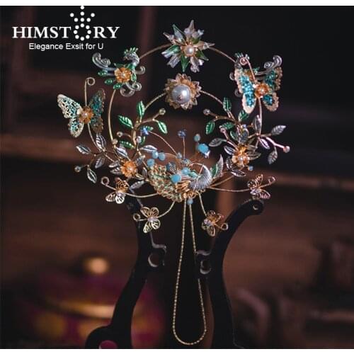 HIMSTORY Princess Beaded Green Butterfly Chinese Bridal Fan Handmade Round Hollow-out Wedding Bouquet Flower Girls Holder Fan