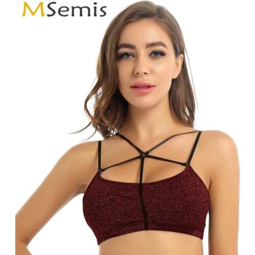 Womens Summer Fashion Gym Yoga Bra Spaghetti Straps Sexy Strappy Web Details Bralette Tops Workout Sports Pullover Mini Crop Top