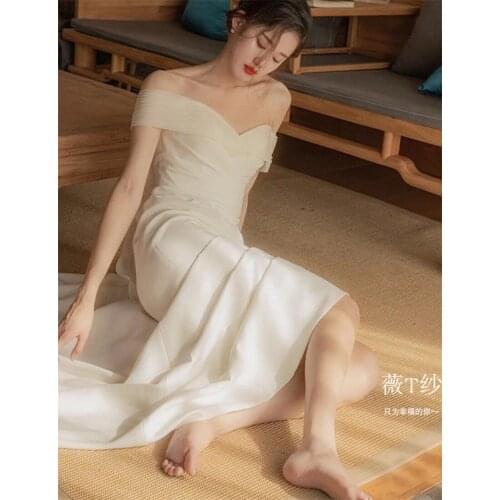 Soft Satin Simple Mermaid Off-Shoulder Short Sleeve Vintage Sweep Train Backless Wedding Gown Wedding Dress Bride robe de mariée