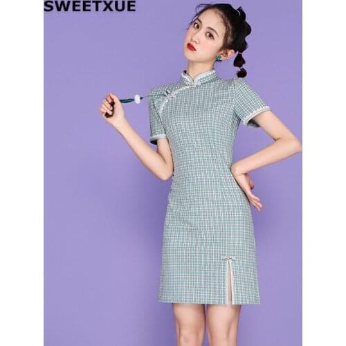 SWEETXUE 2020 Summer Women Plaid Cheongsam Short Retro Daily Girl Improved Dress Female vestidos