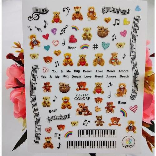 3D Nail Stickers Lovely Bear Music Note Nail Art Decoraciones Decals Foil Manicure Design Accessories Nails Supplies