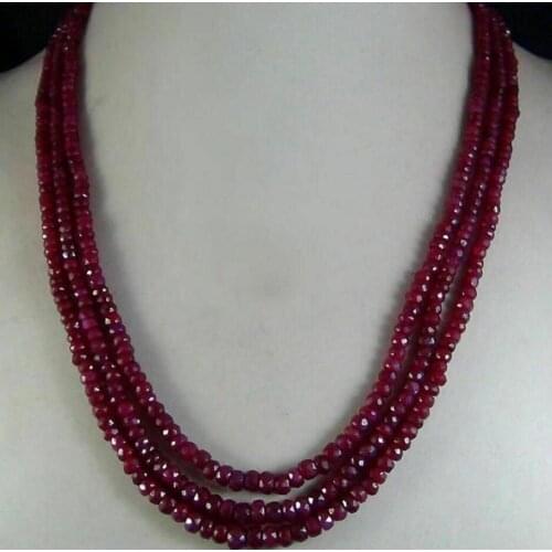 AAA Natural 2x4mm NATURAL RUBY FACETED BEADS NECKLACE 3 STRAND 17-19"