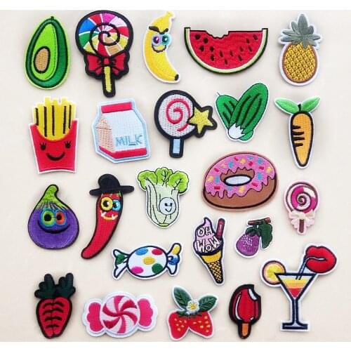 Donuts Candy Embroidery Applique Iron On Patches For Clothing Badge Fruit Chili Carrot Lollipop Sticker on Kids Clothes Patch