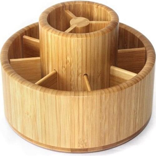 Bamboo Desk Storage Box Rotatable Pen Holder Stationery Storage Box 360 Degree Rotation for School Office