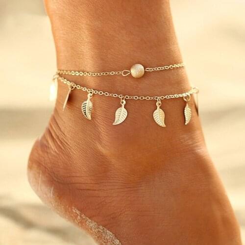 Retro Double-layer Anklet Alloy Small Leaf Tassel Chain Anklet for Women Summer Style Beach Jewelry Accessories Girl Gift
