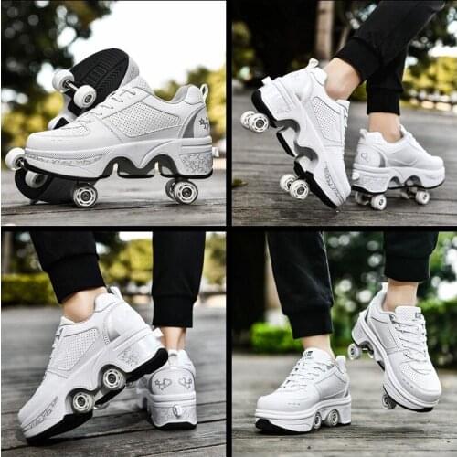 Deformation Parkour Shoes with Four wheels Rounds of Running Sneaker Woman Roller Skates shoes adults kids unisex Roller Skating