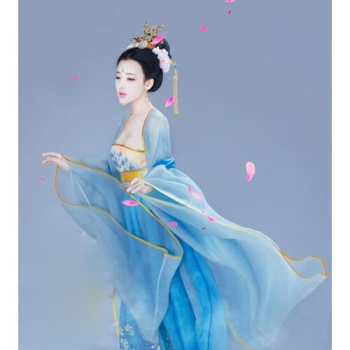 WYJN Light Blue Print Chiffon Elegant Fairy Costume Tang Dynasty High Waist Ruqun Thematic Photography Cosplay Drama Stage Hanfu