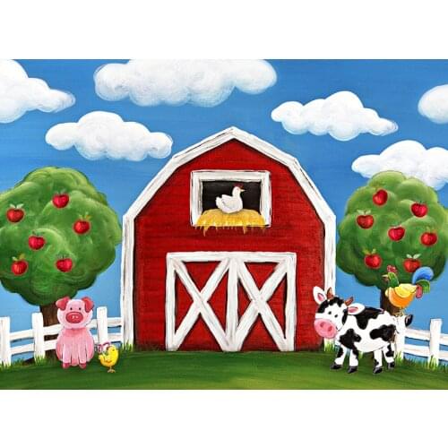 Red Barn Barnyard Door Apple Tree Fence Grass Sky Cloud Chicken Cow Pig background Computer print party backdrops
