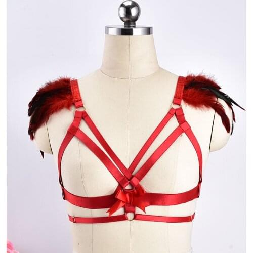 Gothic Red Feather bralette top, Boho lingerie, Festival Bondage, Rave Halloween Costume Mature Pole Dance Lingerie Harness Belt