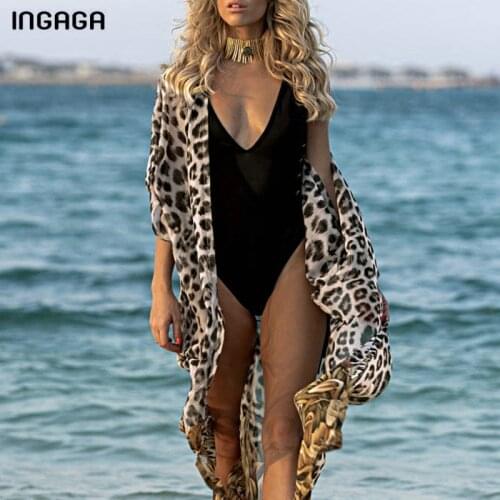 INGAGA Leopard Print Long Beach Dress Sexy Cardigan Beachwear Cover Up Half Sleeve Swimwear Women Belted Bathing Suit Women 2021