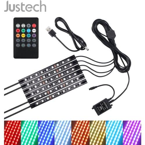 Justech 6PCS 9 LED Strip Lights Car Interior RGB color LED Strip Light Atmosphere Decorative SMD Neon Lamp USB 5V Car Light