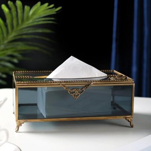 Tissue box Brass glass napkin box Retro decorative ornaments Home Decoration Desktop ornaments Tissue storage box European retro